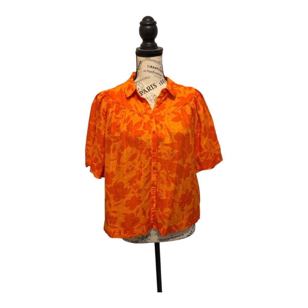 Charter Club Petite Oversized Button Down Woven Linen Blouse Top  Orange PS